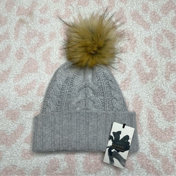 Halogen 100% Cashmere Cable Knit Pom Pom Beanie Hat Grey One Size NWT Winter - Picture 1 of 6
